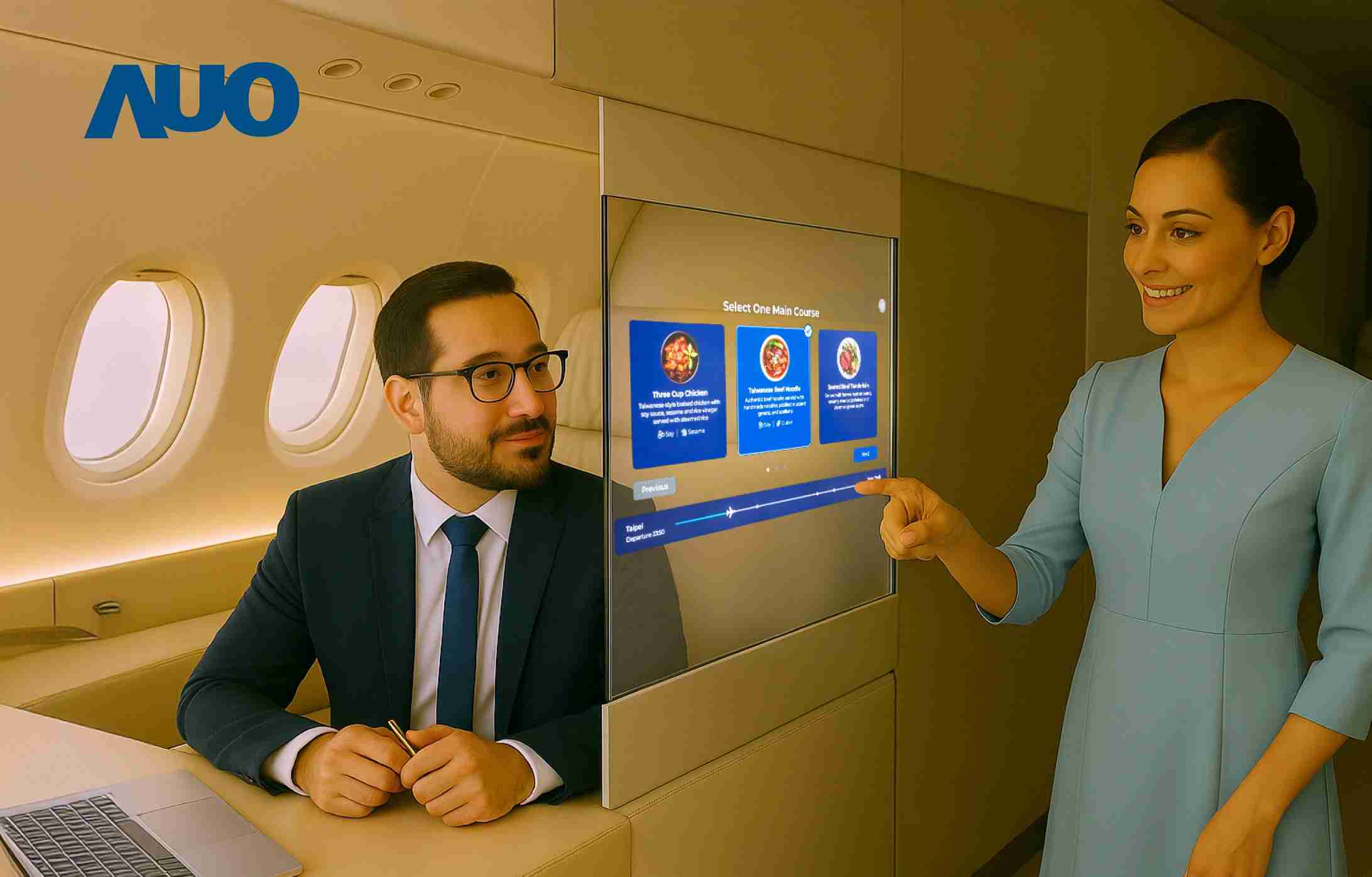 尊龙集团研发全球最薄17.3 吋双面透明 Micro LED 显示器，，，，可在同一屏幕之双边投射不同信息，，，创造独特的”透明化”互动；图为实时翻译交流应用情境